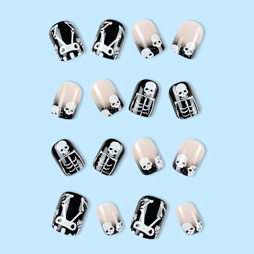 Halloween Short Press on Nails Black Skull Fake Nails Full Cover Glue on Nails with Design Glossy Square Shape Halloween False Nail Tips Reusable Halloween Short Square Nails for Women Manicure 24Pcs