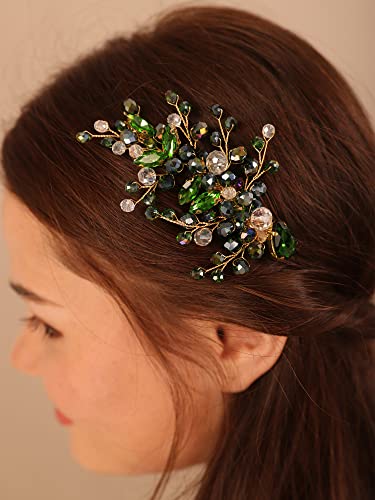 Kercisbeauty Emerald Green Hair Clip for Brides Bridesmaid Wedding Hair Jewelry with Crystal Elegant Hair Piece for Women and Girls (Green)