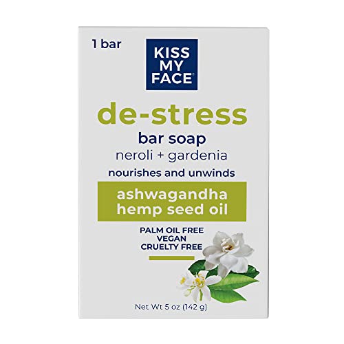 Kiss My Face De-Stress Bar Soap - Neroli + Gardenia - Vegan Soap Bar with Hemp Seed Oil - Cruelty Free and Palm Oil Free Bath Soap (Neroli + Gardenia, Pack of 1)