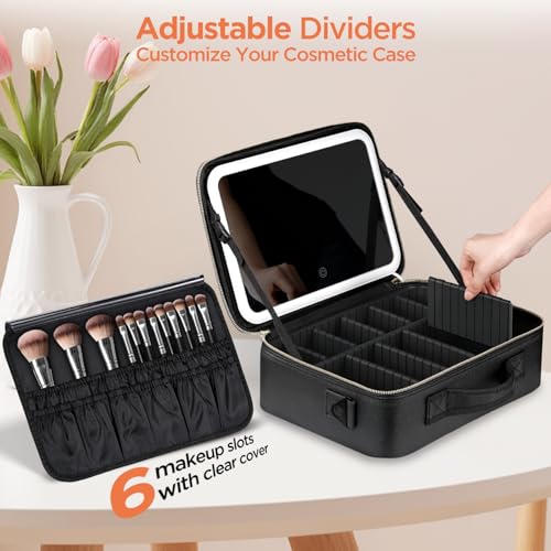 IPOW Travel Makeup Bag with LED Mirror, 3 Adjustable Light Settings, Customizable Dividers, Portable Travel Organizer, USB Charging,Black, Large