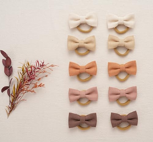 Baby Girls Hair Ties with Linen Bows – 20 Pcs No-Damage Elastic Nylon Ponytail Holders