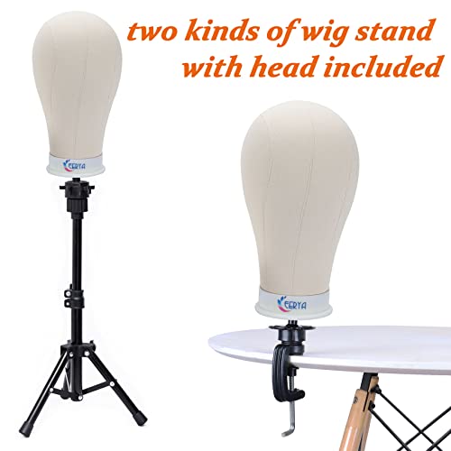 EERYA 22 Inch Wig Head, Wig Stand Tripod With Head, Wig Head Stand With Mannequin Head, Canvas Wig Head Stand for Wig Styling Making Displaying, Wig Mannequin Head With Stand Set(22 inch, lightbrown)