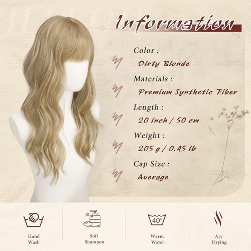 Haloo Blonde Wigs with Bangs - 20 Inch Long Wavy Synthetic Hair Wig for Women, Dirty Blonde