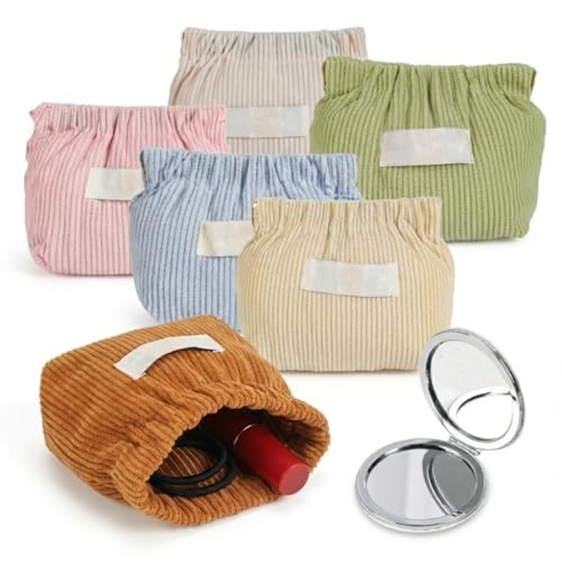 7-IN-1 Corduroy Makeup Bag Set (6 Bags + 1 Mirror), Squeeze-to-Open Mini Pouch for Purse, No-Zipper Corduroy Cosmetic Bag for Hair Ties & Lipsticks, Aesthetic Travel Organizer for Women