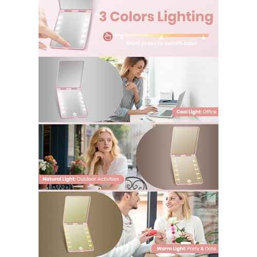 Compact Mirror, Rechargeable 30X Magnifying Mirror with 3 Lighting Modes & Dimmable Brightness, Portable Travel Makeup Mirror with Light, Essentials for Travel, Pocket, Purse, Gifts for Women Pink