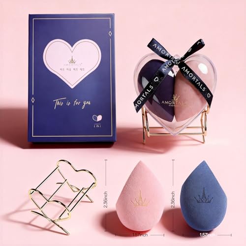 AMORTALS Heart Makeup Sponge Set - 2 Pcs Soft Beauty Sponges with Heart-Shaped Holder for Liquid Foundation, Cream, and Powder - Latex-Free Blending Sponge Kit for Valentine's Day Gifts for Women