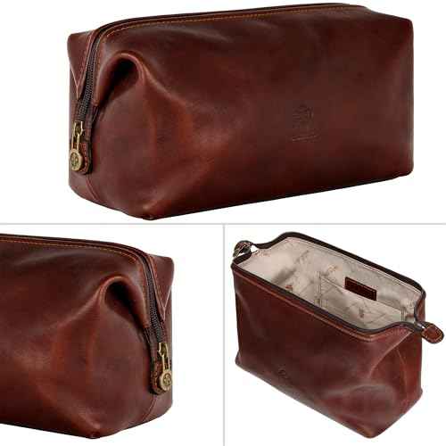 Time Resistance Leather Toiletry Bag Cosmetic Case Italian Classy Dopp Kit