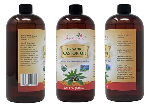 Verdana Organic Castor Oil – 32 Fl Oz Bulk Size – Cold Pressed, Unrefined, Hexane Free - for Face, Hair, Pack Wrap