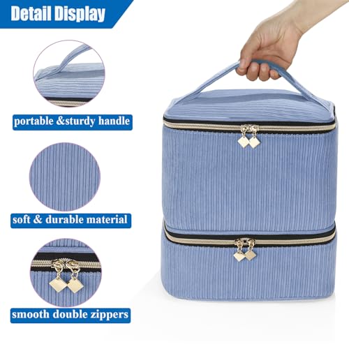 Corduroy Nail Polish Organizer and Nail Lamp Case, Nail Kit Organizer Holds 30 Bottles (15ml - 0.5 fl.oz) and a Nail Lamp, Nail Polish Carrying Case with Manicure Tools Storage Sections (Blue)