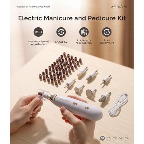 MelodySusie Professional Manicure Pedicure Kit, Cordless 8-in-1 Electric Nail Drill with 20 Speeds, Rechargeable E-File for Thick Nails & Cuticles, Ideal Foot Care for Women Men-PC650E