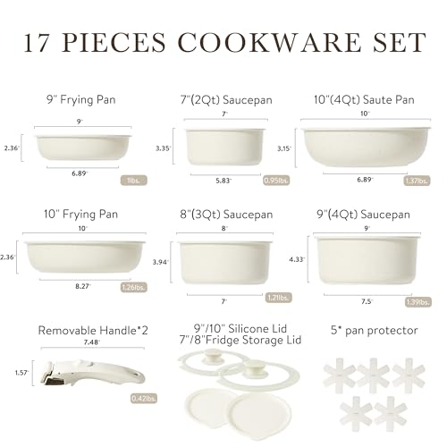 CAROTE 17pcs Pots and Pans Set, Nonstick Cookware Set Detachable Handle, Induction Kitchen Cookware Sets Non Stick with Removable Handle, RV Cookware Set, Oven Safe, Saucepan Set