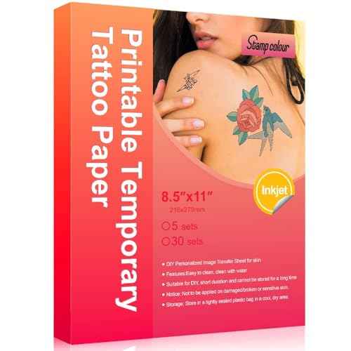 Stampcolour Printable Temporary Tattoo Paper for INKJET printer 8.5"X11" 30 Sheets DIY Tattoos Stickers,Personalized Image Transfer for skin Custom Waterslide Decal for women men