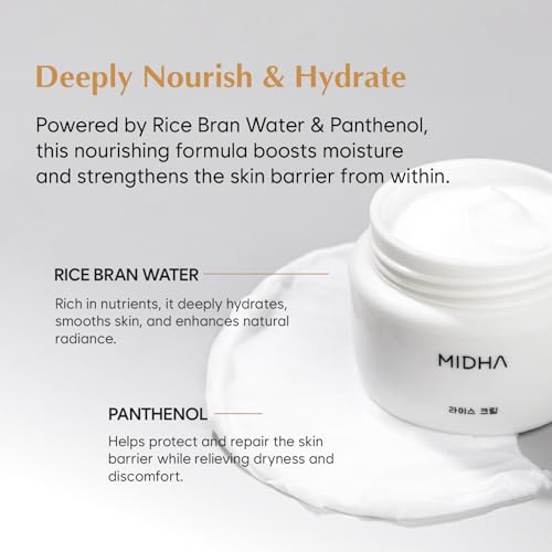 MIDHA Rice Cream 1.69fl.oz/50ml, Deep Hydration, Glow-Enhancing, Skin Barrier Support ? Moisturising, Lightweight Daily Cream with Dewy, Radiant Finish, for Rice Face Spots