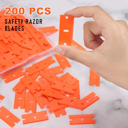 Plastic Razor Blades, 200 Pcs Double Edged Safety Scraper Blades, Plastic Scraper for Cleaning Glass, Removing Stickers,adhesive tape Label,Car decals, Fits Most Standard Scraper, Orange