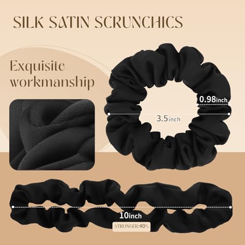 Premium Black Silk Satin Hair Ties Scrunchies - 8 PCS Gift Box