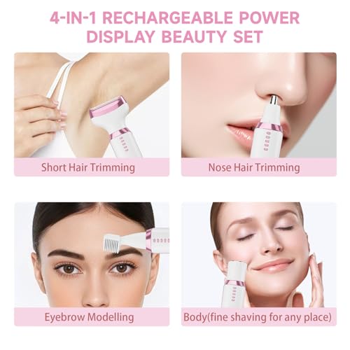 Electric Razor for Women 4-in-1 Bikini Trimmer & Body Shaver for Face, Legs, Underarms, Pubic Hair ? Rechargeable Wet/Dry Painless Hair Removal with LED Display (White)