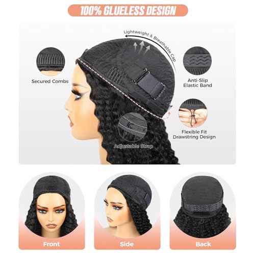 Domiso Afro Kinky Curly 3 In 1 Half Wig Seamless Kinky Curly Flip Over Beginner Friendly Human Hair Natural Hairline Glueless Invisible Hairline Drawstring Band Clip in Wig 22 Inch