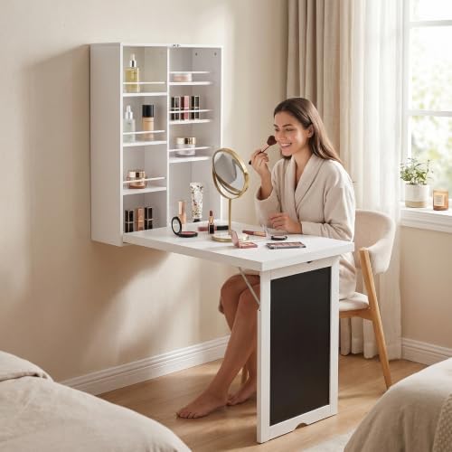 Wall Mounted Folding Nail Desk with Storage Shelves