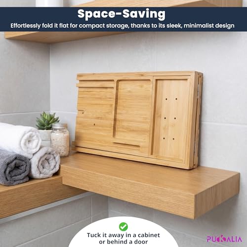Bath Tray for Tub and Ergonomic Pillow Premium - Caddy Expandable 29 to 42.5 Inch -Foldable Bamboo Wood Tub Organizer - Luxury Bathtub Tray Wood Bamboo
