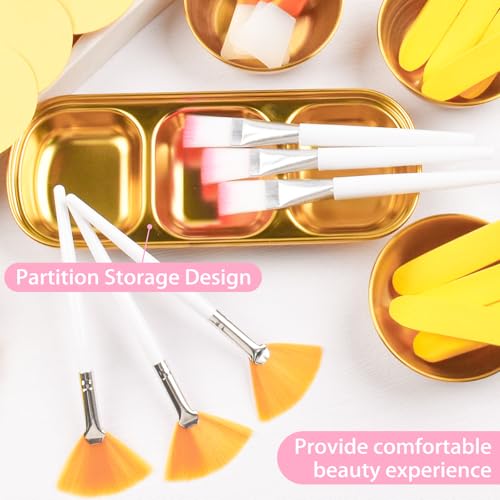 26Pcs Esthetician Supplies for Facials Set - 3 Stainless Steel Gold Mixing Bowls Gold Small Serving Tray 3 Compartment Serving Tray 3 Facial Fan Brushes 6 Face Mask Applicator Brush 12 Face Sponges