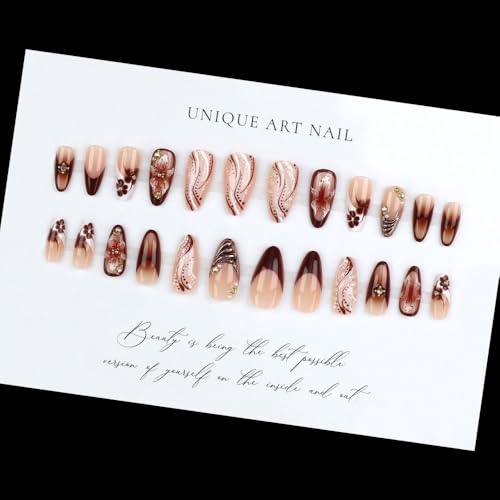 Brown French Tip Press On Nails - Medium Almond 5D Flower Design 24Pcs