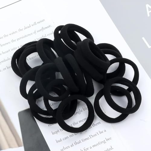 100PCS Black Soft Seamless Cotton Hair Ties for Women and Girls, Thick/Thin Hair Ponytail Holders, No Crease No Damage Elastics (1.6 Inch Diameter)