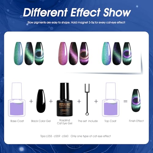 ROSALIND 24Pcs Cat Eye Gel Nail Polish Set with Base & Top Coats
