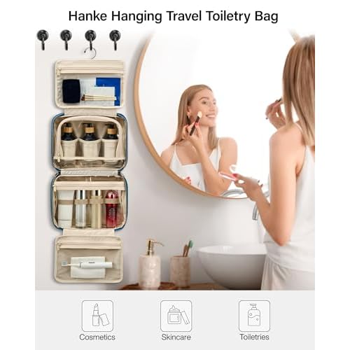 Hanke Hanging Travel Toiletry Bag for Women, Water-Resistant Makeup Organizer with Hook, Cosmetic Bag for Bathroom & Travel Essentials Accessories, Off White