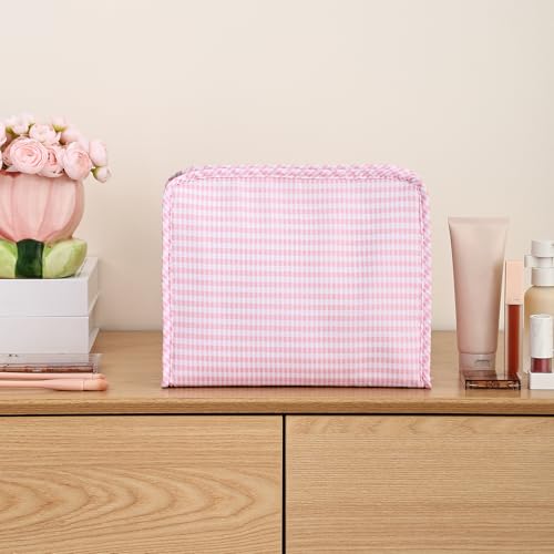Gingham Travel Makeup Bag with Zipper Pouch, Pink