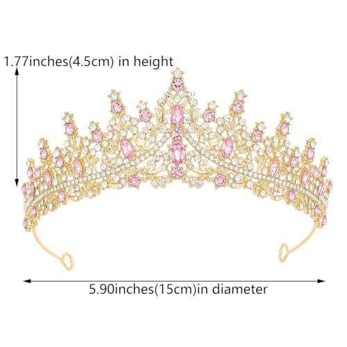 Gold Pink Rhinestone Crown Tiara for Women Wedding