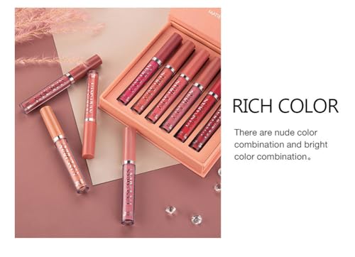 6-Piece Nude Matte Liquid Lipstick Set, Waterproof 24H