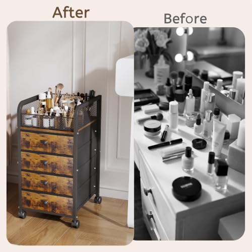 Rolling Makeup Organizer Cart with 4 Drawers & Top Divided Tray