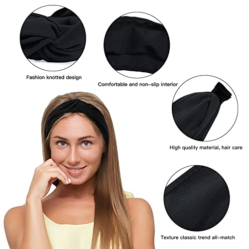 WOVOWOVO Top Knotted Headbands for Women Girls, Twist Wide Head Bands Yoga Non Slip Fashion Elastic Hairbands for Women's Hair Accessories (Black)