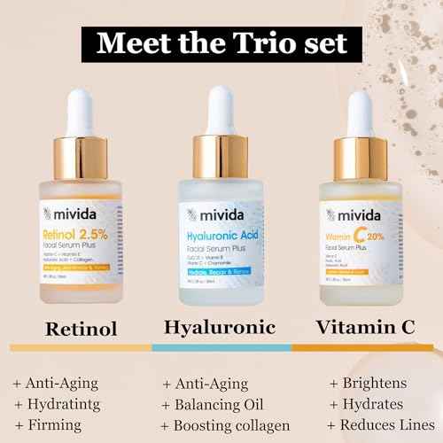 mivida Anti-Aging Serum Trio| 20% Vitamin C + Hyaluronic Acid + 2.5% Retinol Serums For Face | Brightening & Hydrating Skincare Set | Reduces Wrinkles & Fine Lines 3x1floz