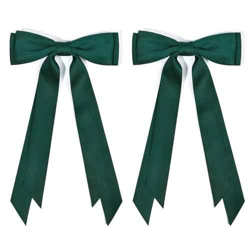 2PCS Silky Satin Hair Bows Hair Clip Green Hair Ribbon Ponytail Holder Accessories Slides Metal Clips Hair Bow for Women Girls Toddlers Teens Kids