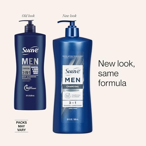 Suave Men Deep Cleansing 3 in 1 Shampoo, Conditioner & Body Wash with Charcoal Powder, Detoxifies & Cleanses Hair & Skin, Removes Oil & Impurities, 4 Count, 28 FL OZ Pump
