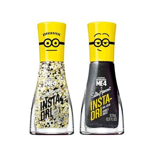 Sally Hansen Insta-Dri Despicable Me Nail Polish | Quick Dry, Long Lasting, Streak-Free Shine | Opaque, Glittery | 771 Gogglicious + 772 Deeply Despicable | Glittery White & Black Shimmer Nail Duo
