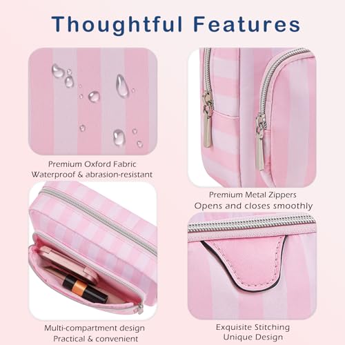 Cute Pink & White Stripe Makeup Bag with Compartments,Nylon Travel Essentials Coquette Cosmetic Bag Organizer Toiletry Bag for Women Girls (02Compartments)