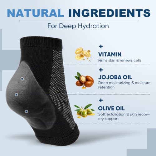 OKbutler Moisturizing Gel Heel Socks for Dry Cracked Feet - 2 Pairs Black