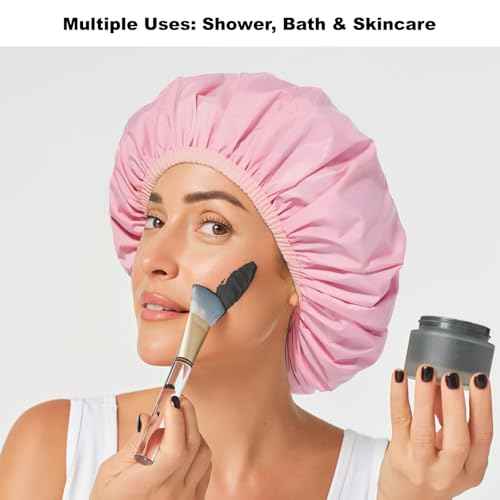 2 Pack Shower Caps for Women, Reusable Waterproof Shower Cap with Elastic Band, Thickened Waterproof Fabric Shower Bonnet for Braids, Long Hair (Pink and Green)