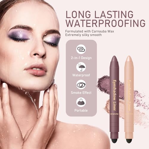 2 in 1 Eyeliner and Eyeshadow Plum, Eyeshadow Stick and Liner Duo, Waterproof, Smudge-Proof, Effortless Smoky or Natural Eye Makeup (2Pcs B)