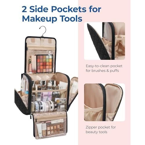 BAGSMART Hanging Travel Toiletry Bag, Large Capacity Water-resistant Cosmetic Organizer with Handle for Brushes Accessories, Black