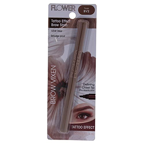 Flower Beauty Brow Vixen Tattoo Effect Stain Smudge Proof 12 Hr Wear Eyebrow Makeup with Chisel Tipped Applicator Contains AloeVera & Vitamin E, Taupe, 0.034 Oz
