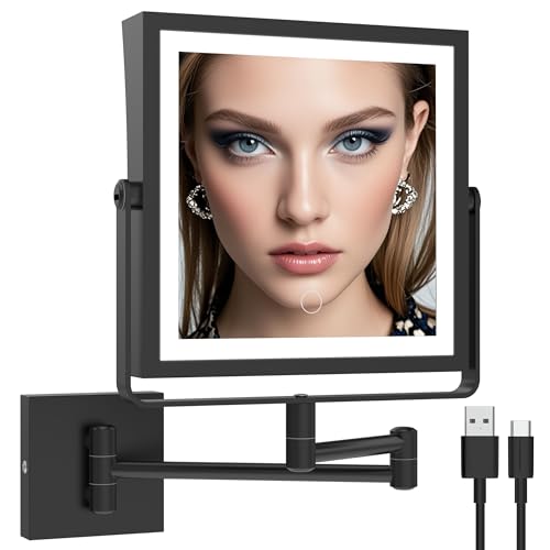 Ruacq Rechargeable Wall Mounted Makeup Mirror with Lights, Double Sided 1X/10X Magnifying Vanity Mirror with 3 Color Lighting, Touch Screen Dimmable, 360¡Æ Rotation Extension Foldable Arm(Matte Black)