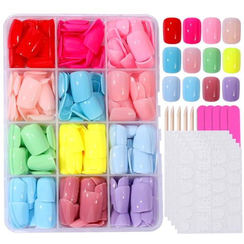 Jellyqueen A22-02-03 Short Square Press-On Nails 360 pcs with 12 Colors & Tools