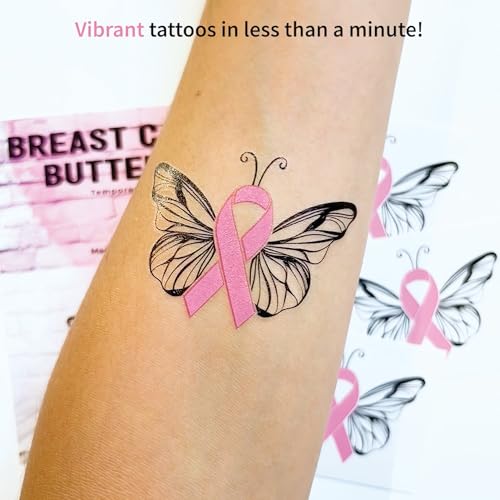 Butterfly Pink Ribbon Breast Cancer Awareness Temporary Tattoos ? 25pk ? Waterproof, Skin-Safe Designs for Events, Fundraisers & Supporters (Butterfly 25pk)