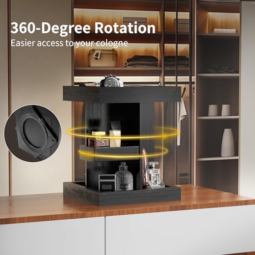 Wooden Cologne Organizer for Men: 3 Tier Perfume Display Stand with 360 Degree Rotating for Desk & Nightstand - Large Capacity Cologne Shelf Organizer for Mens Gift (Black)