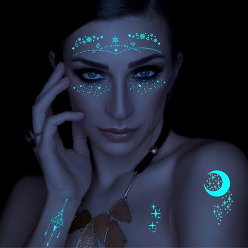 Glow in the Dark Temporary Tattoos for Women, 9-Sheet Moon Star Set