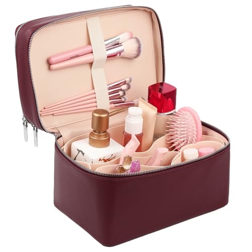 Makeup Vanity Bag for Women - Large Capacity Cosmetic Organizer with Removable Liner, Waterproof PU Leather Skincare Bag, Portable Chic Cosmetic Make Up Case for Skincare, Accessories,StyleC, Burgundy