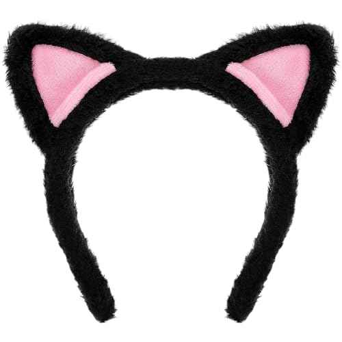 Cat Ears Headbands, Plush Soft Cute Washing Face Head band Fuzzy Kitten Makeup Hair Headbands for Mask Skincare Spa Yoga Halloween Parties Cosplay (Black)